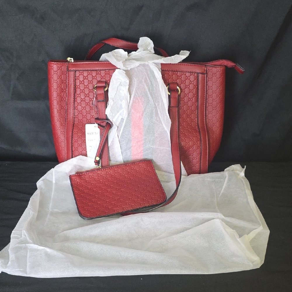 Elegant Red Tote Bag with Matching Pouch & Shoukder Strap #213